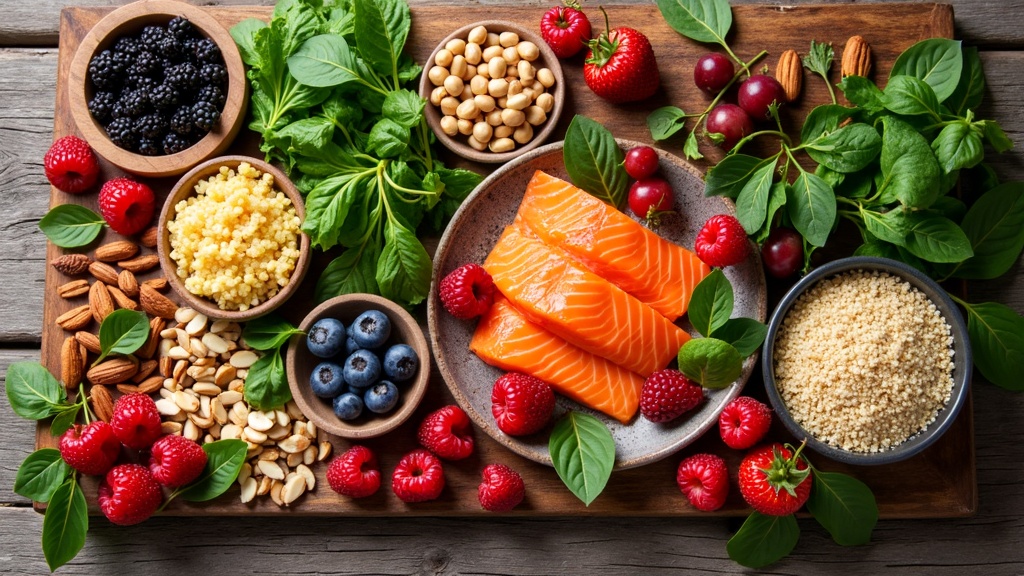 A vibrant flatlay of various superfoods, including blueberries, spinach, nuts, salmon, and sweet potatoes, arranged on a rustic wooden table.